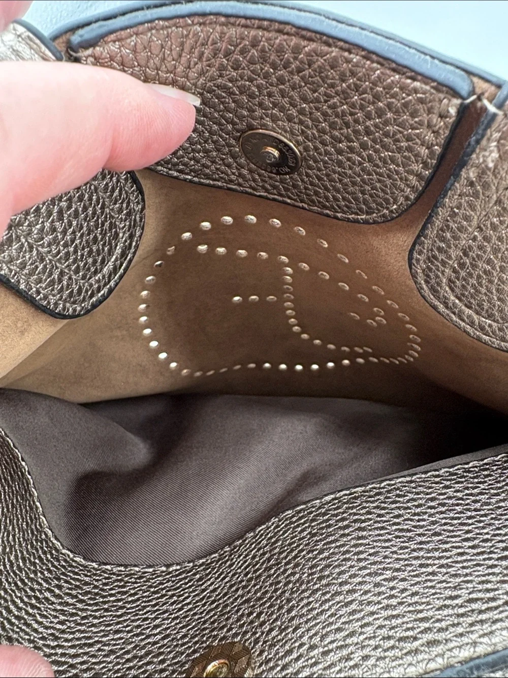 Firano Metallic Taupe Pebbled Leather Satchel with Tassel Accent no strap